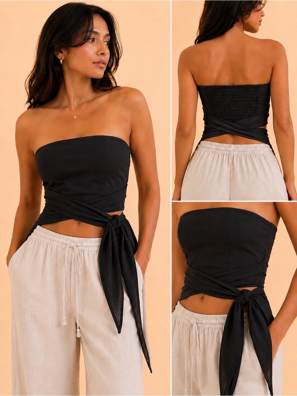 COMMENSE BLACK LINEN BLEND WRAP TOP